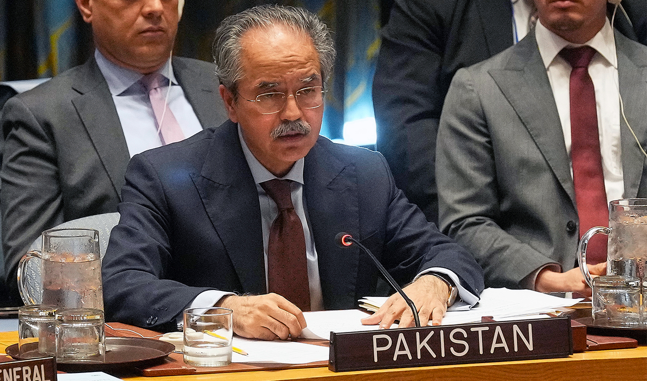 Pakistan UN Ambassador Asim Iftikhar Ahmad addresses a United Nations Security Council meeting in New York on June 20, 2025. (AP)