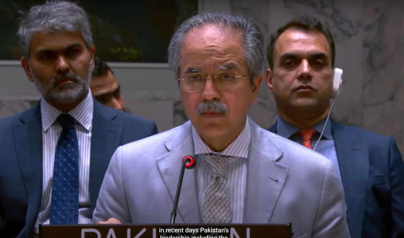 Pakistan’s Permanent Representative to the UN Asim Iftikhar Ahmad addresses a UNSC session on June 23, 2025. (United Nations/ YouTube/ screengrab)