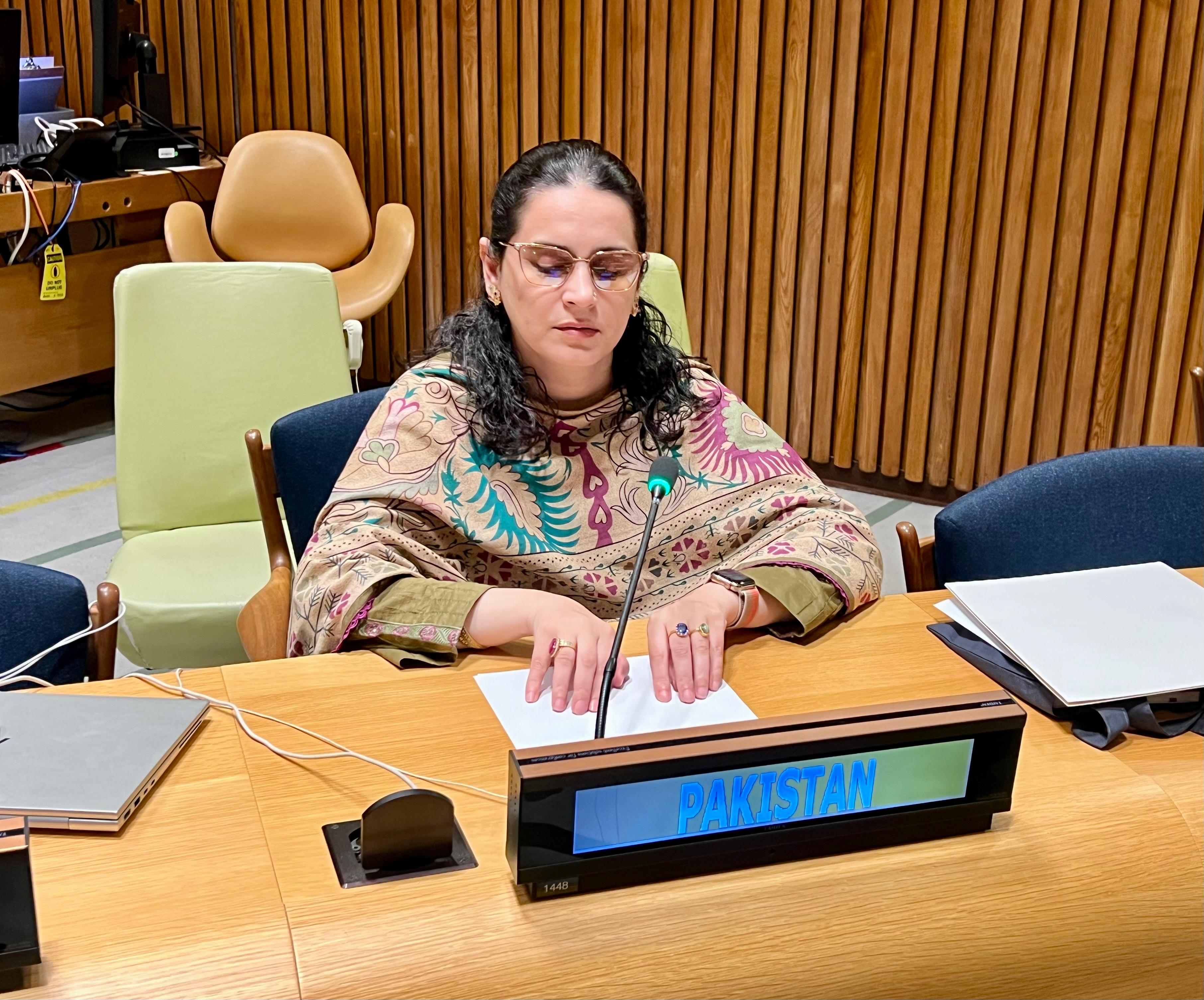 Pakistan’s Counsellor at the UN, Saima Saleem, addresses the Forum of Small States in New York to mark the 80th anniversary of the United Nations Charter in New York, US, on June 25, 2025. (@PakistanUN_NY/X)