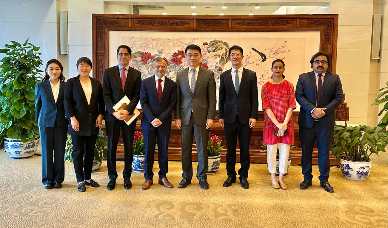 Pakistan’s Special Secretary (UN) Ambassador, Nabeel Munir (fourth left), and Director General of the Department of International Organizations and Conferences of the Chinese Foreign Ministry, Shen Bo (fourth right), poses for a group photo during fifth Round of Pakistan-China Consultations on Multilateral Issues in Beijing on June 26, 2025. (Facebook/@foreignofficepk)