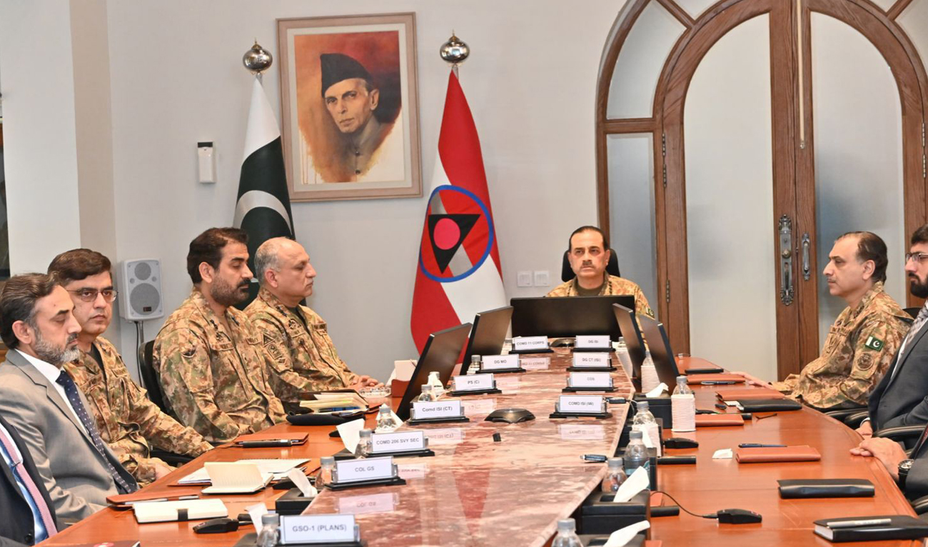 In this handout photo, taken and released by Pakistan’s Inter-Services Public Relations (ISPR), Pakistan Army Chief Field Marshal Asim Munir chairs a briefing session on security situation during his visit to the Corps Headquarters Peshawar in Peshawar, Pakistan on June 28, 2025. (Handout/ISPR)
