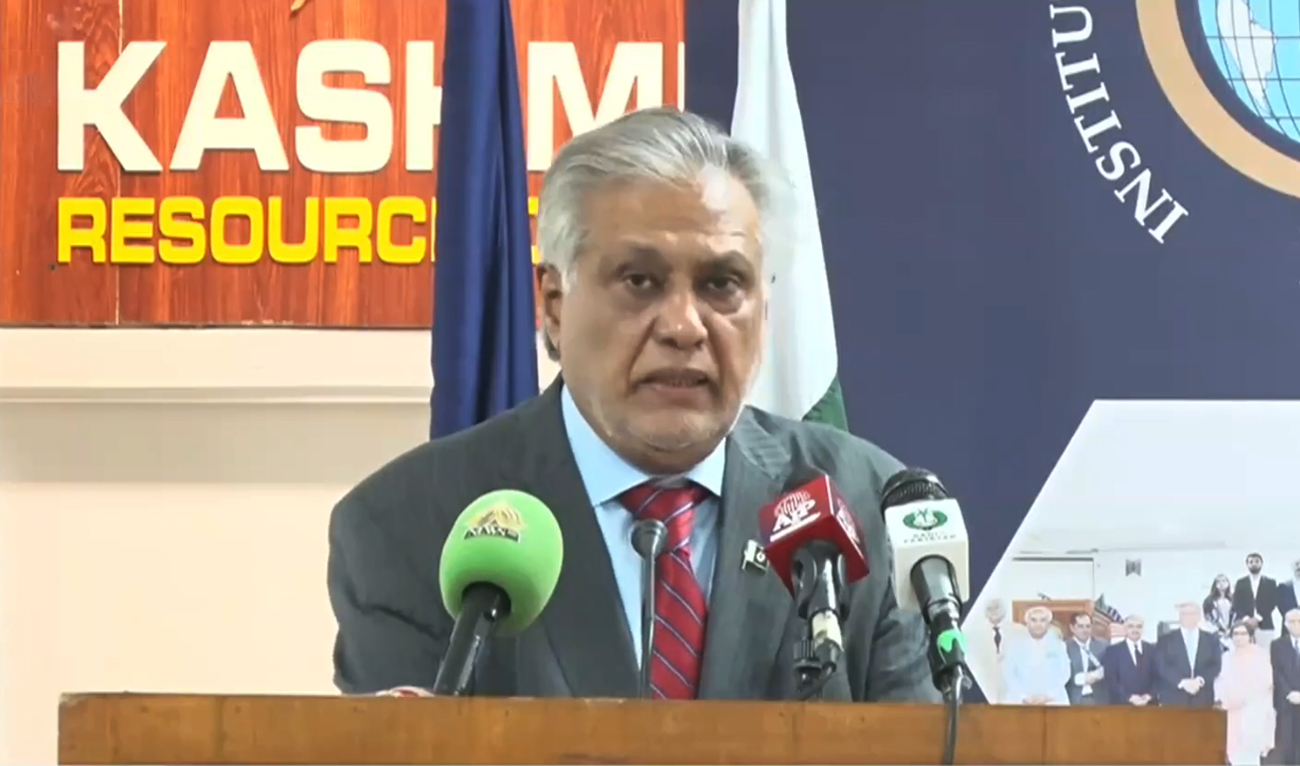 Pakistan’s Deputy Prime Minister Ishaq Dar addresses a ceremony at the Institute of Strategic Studies in Islamabad, Pakistan, on June 30, 2025. (Screengrab/PTV News)