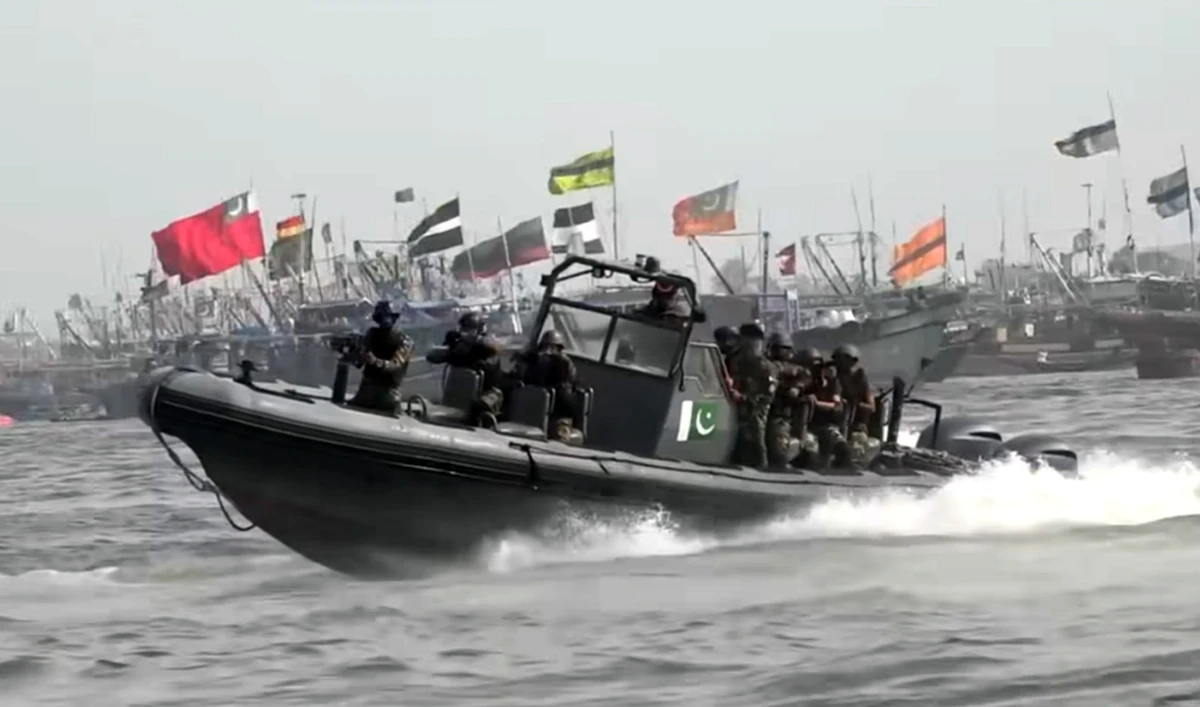 The screengrab taken from a video released by the Pakistan Navy on May 1, 2025, shows a naval boat participating in a two-day exercise in the Arabian Sea. (Screengrab/Facebook/Pakistan Navy)