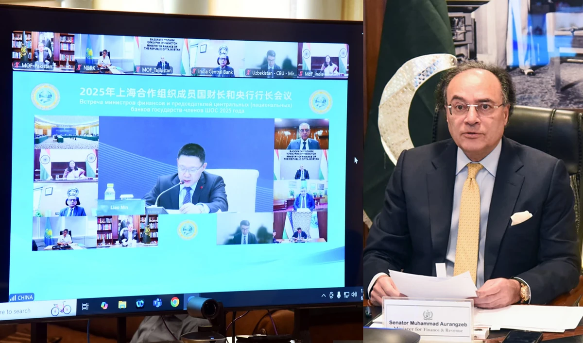 Federal Minister for Finance and Revenue, Muhammad Aurangzeb (right), virtually addressing the Meeting of SCO Finance Ministers and Central Bank Governors being held in Beijing, China, from Islamabad, Pakistan, on May 3, 2025. (Ministry of Finance, Pakistan)