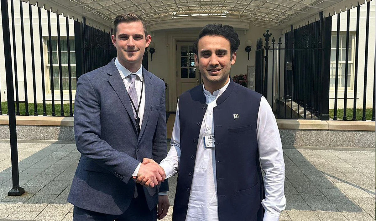 State Minister for Crypto and Blockchain, Bilal Bin Saqib (right) photographed with Trump Council’s Executive Director Bo Hines at White House, Washington DC, US, on June 4, 2025. (@cryptocouncilpk/X)