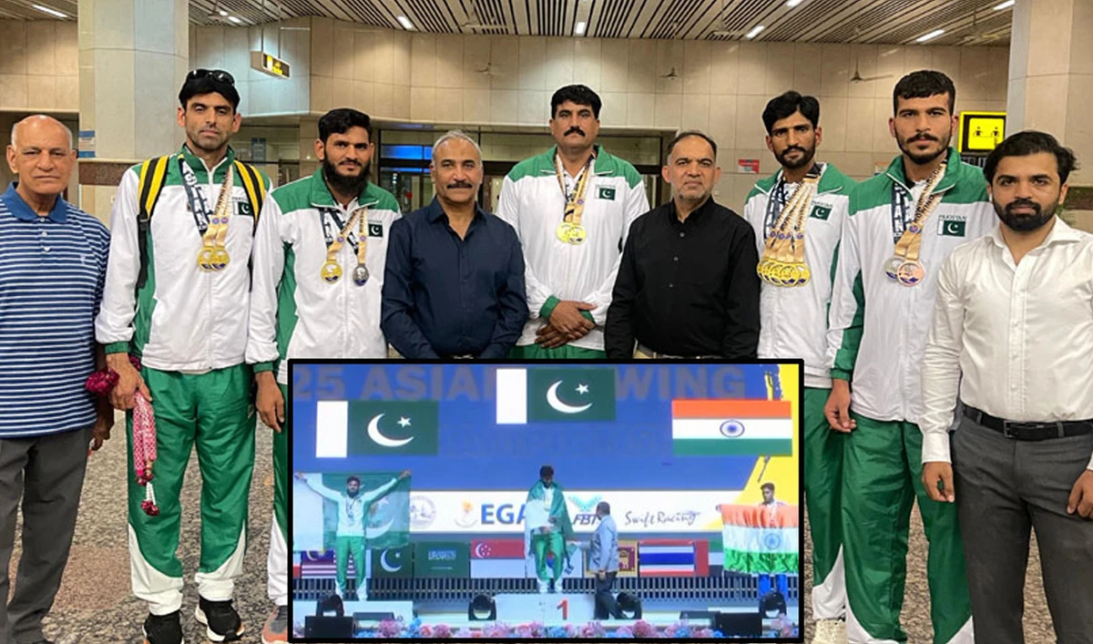 Pakistan athletes’ gesture for a group photograph after Asian Indoor Rowing Championship in Thailand, at the Allama Iqbal International Airport in Lahore, Pakistan on June 2, 2025. (Photo courtesy: Radio Pakistan)