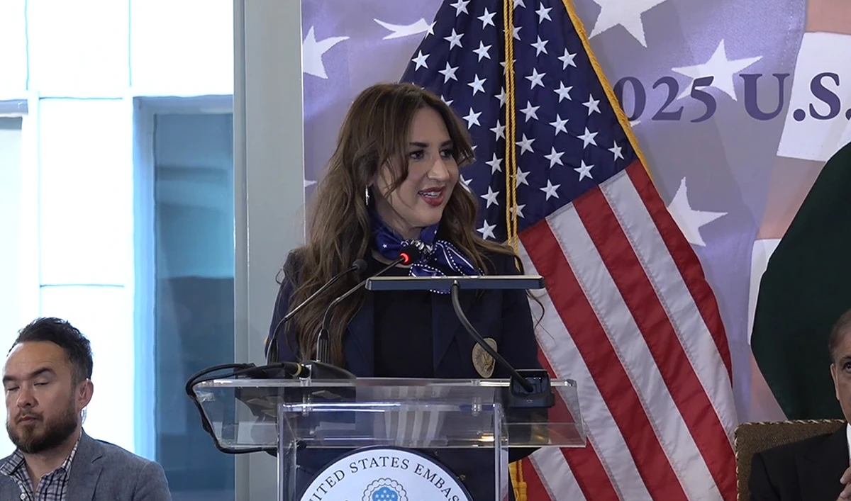 US Chargé d’Affaires Natalie Baker at her country’s Independence Day reception in Islamabad, Pakistan on June 5, 2025. (US Embassy Islamabad/Screen grab)