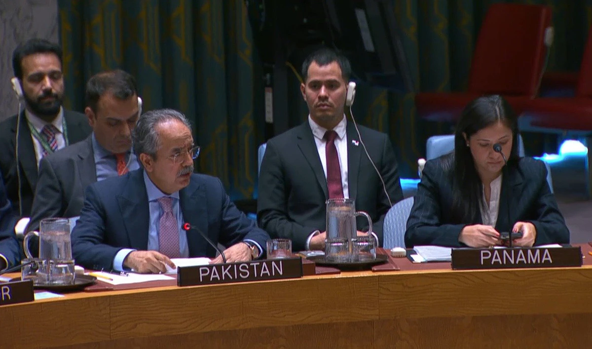 Pakistan’s Ambassador to the United Nations Asim Iftikhar Ahmad speaks during a UN Security Council briefing on the United Nations Assistance Mission in Iraq, at the UN Headquarters in New York on June 10, 2025. (Photo courtesy: X/@PakistanUN_NY)