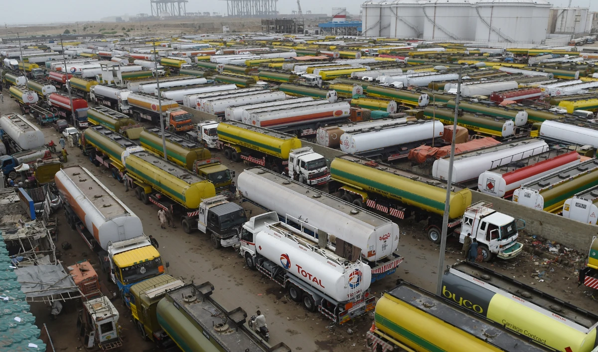 Oil tankers park in a terminal amid a countrywide strike by the All Pakistan Oil Tankers Association near a port in the Pakistani city of Karachi on July 26, 2017. (AFP/ file)