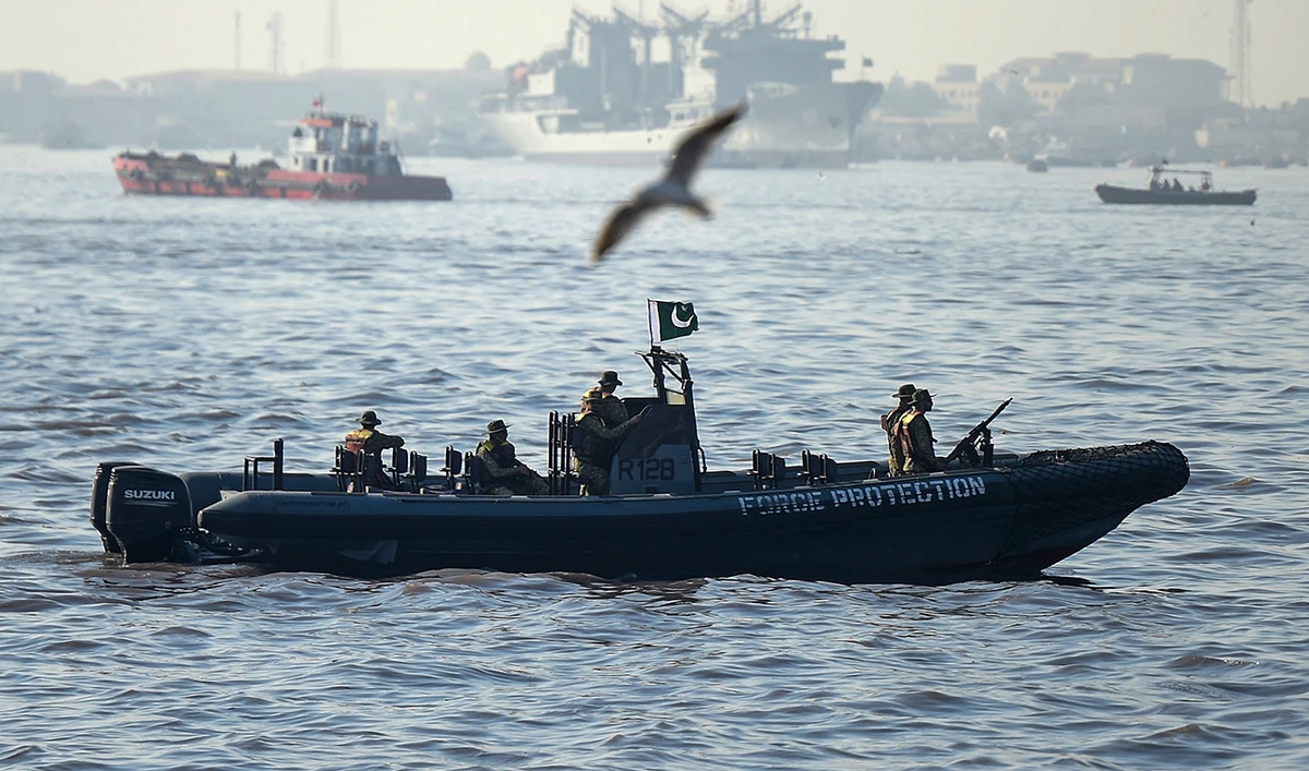 Pakistani navy patrol during a flag hoisting ceremony of multinational naval exercise AMAN-25 in Karachi on February 7, 2025. (AFP/File)