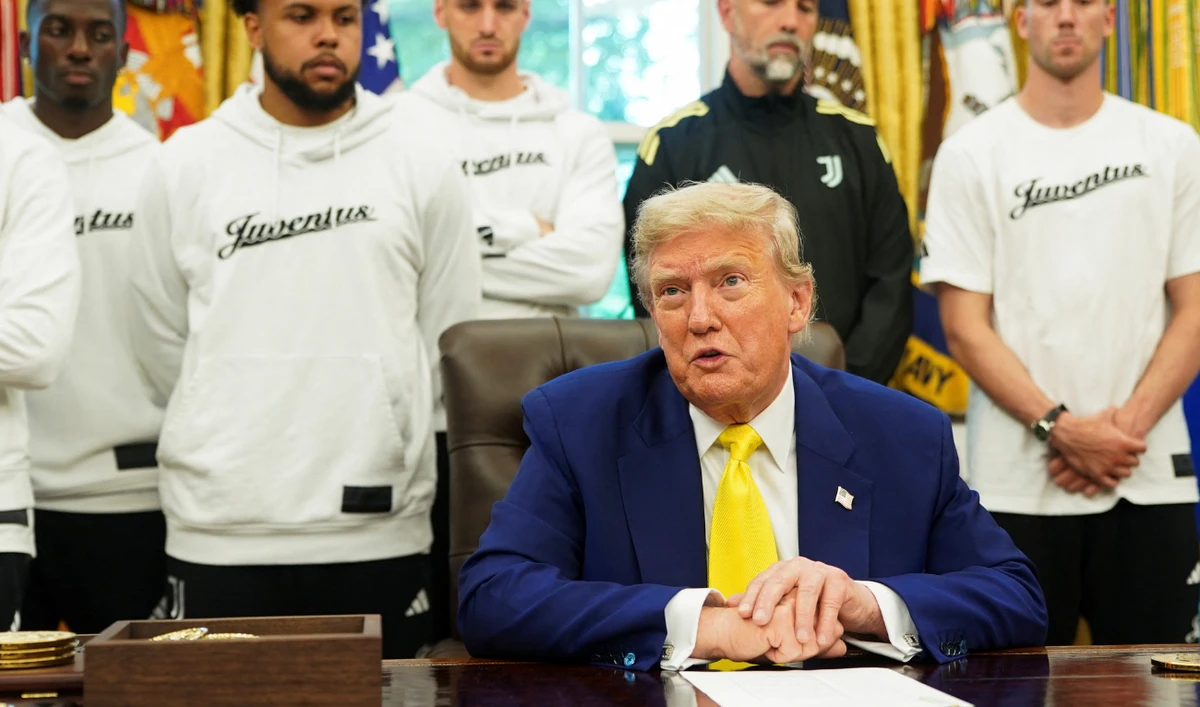 U.S. President Donald Trump speaks with the media as he meets with players of the Juventus soccer team in the Oval Office of the White House in Washington, D.C., U.S., June 18, 2025. (REUTERS)
