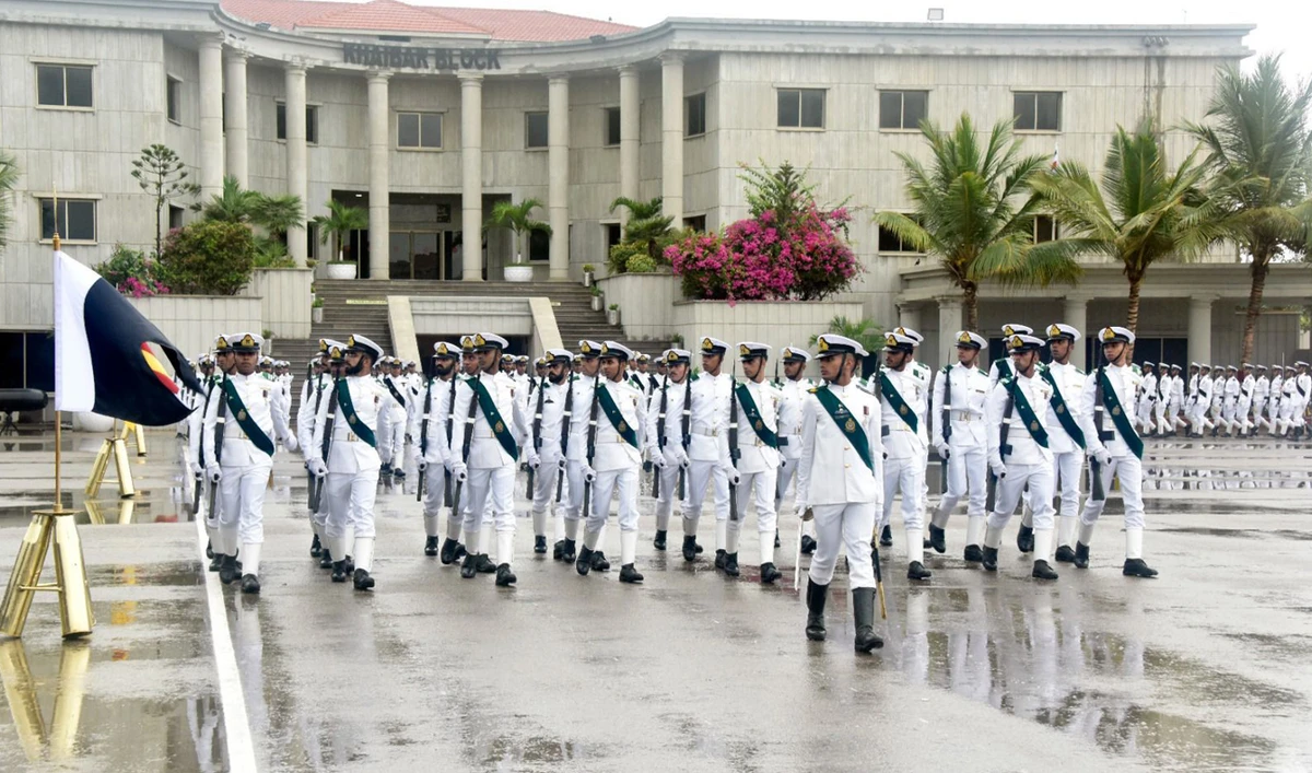 This handout photo, taken and released by Pakistan’s Inter-Services Public Relations (ISPR), shows graduating midshipmen during a passing out parade at the Naval Academy in Karachi on June 28, 2025. (Handout/ISPR)