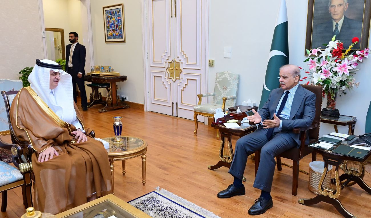 Pakistani Prime Minister Shehbaz Sharif meeting with the Saudi Ambassador Nawaf Bin Said Al-Malki in Islamabad on July 2, 2025. (PMO)