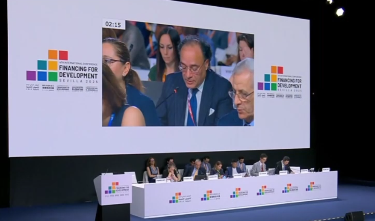 The still image taken from a video shows Pakistan Finance Minister Muhammad Aurangzeb addressing the Fourth International Conference on Financing for Development (FfD4) in Spain, on July 2, 2025. (Ministry of Finance)