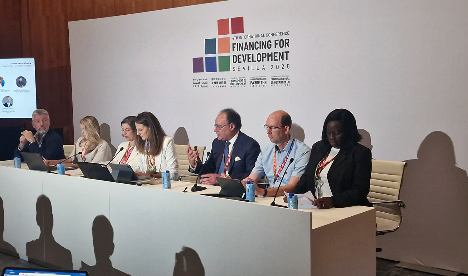 Pakistan’s Finance Minister Muhammad Aurangzeb (third from right) is addressing a panel discussion titled “Scaling up SME Finance” hosted at the International Business Forum on the sidelines of the Fourth International Conference on Financing for Development (FfD4) in Sevilla, Spain, on July 2, 2025. (Hamid Raza Wattoo)