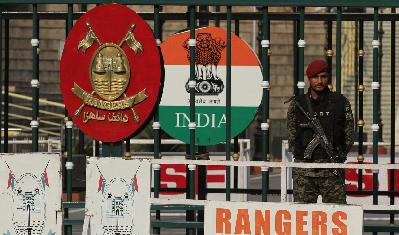 A Pakistan Ranger stands guard at the Pakistan-India joint check post at Wagah border, near Lahore, Pakistan on May 14, 2025. (REUTERS/File)
