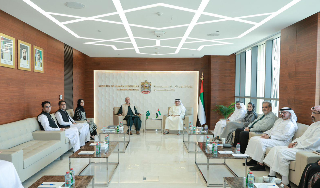 Pakistan’s Ambassador to UAE Faisal Niaz Tirmizi gestures during a meeting with UAE Minister of Human Resources Dr. Abdulrahman Bin Abdulmanan Al Awar in Abu Dhabi on July 5, 2025. (Photo courtesy: X/@PakinUAE_)