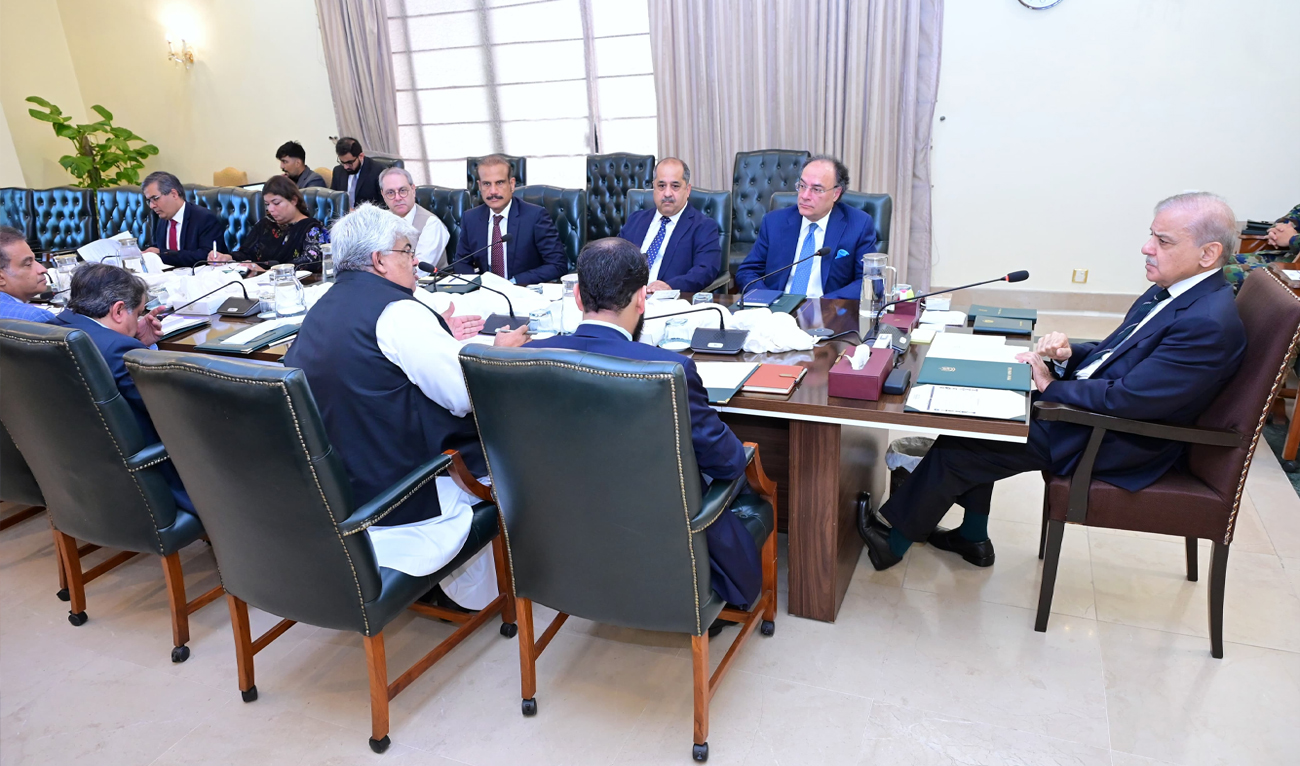 Prime Minister Shehbaz Sharif (right) chairs a high-level meeting on reforms in the Federal Board of Revenue (FBR), in Islamabad, Pakistan, on July 7, 2025. (PMO)