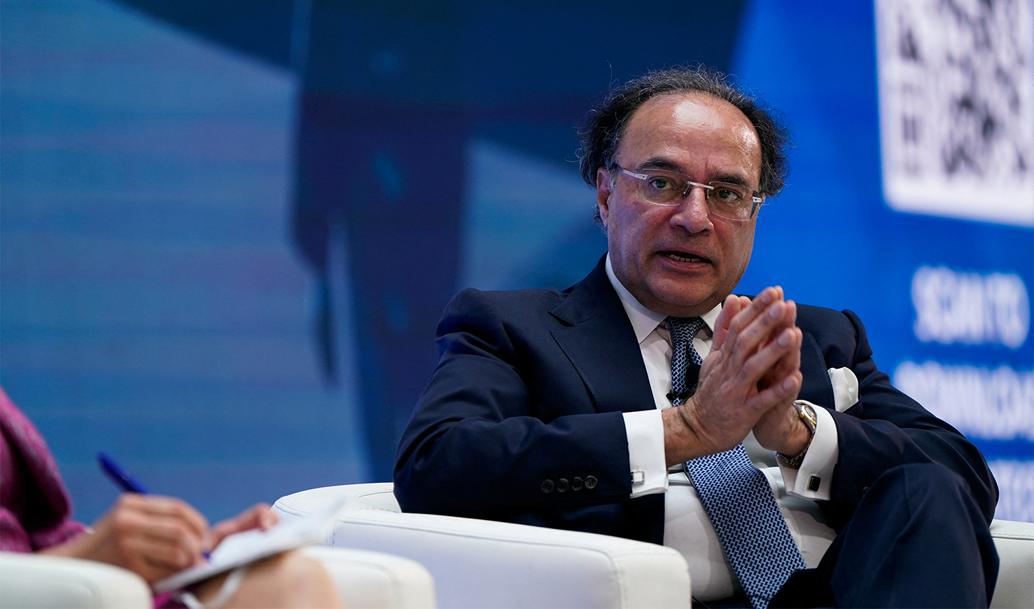 Pakistan Finance Minister Muhammad Aurangzeb participates in a panel titled “Navigating an Uncertain World” during the 2025 annual IMF/World Bank Spring Meetings in Washington, DC, on April 25, 2025. (REUTERS/File)