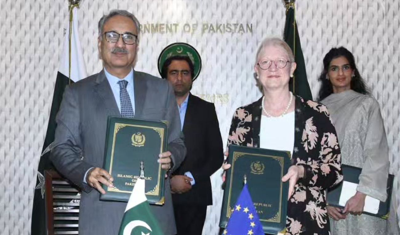 EU Ambassador to Pakistan Dr. Riina Kionka and Secretary Economic Affairs Division Dr. Kazim Niaz sign a €20 million grant agreement on July 11, 2025. (eudelegationpakistan/ Instagram)