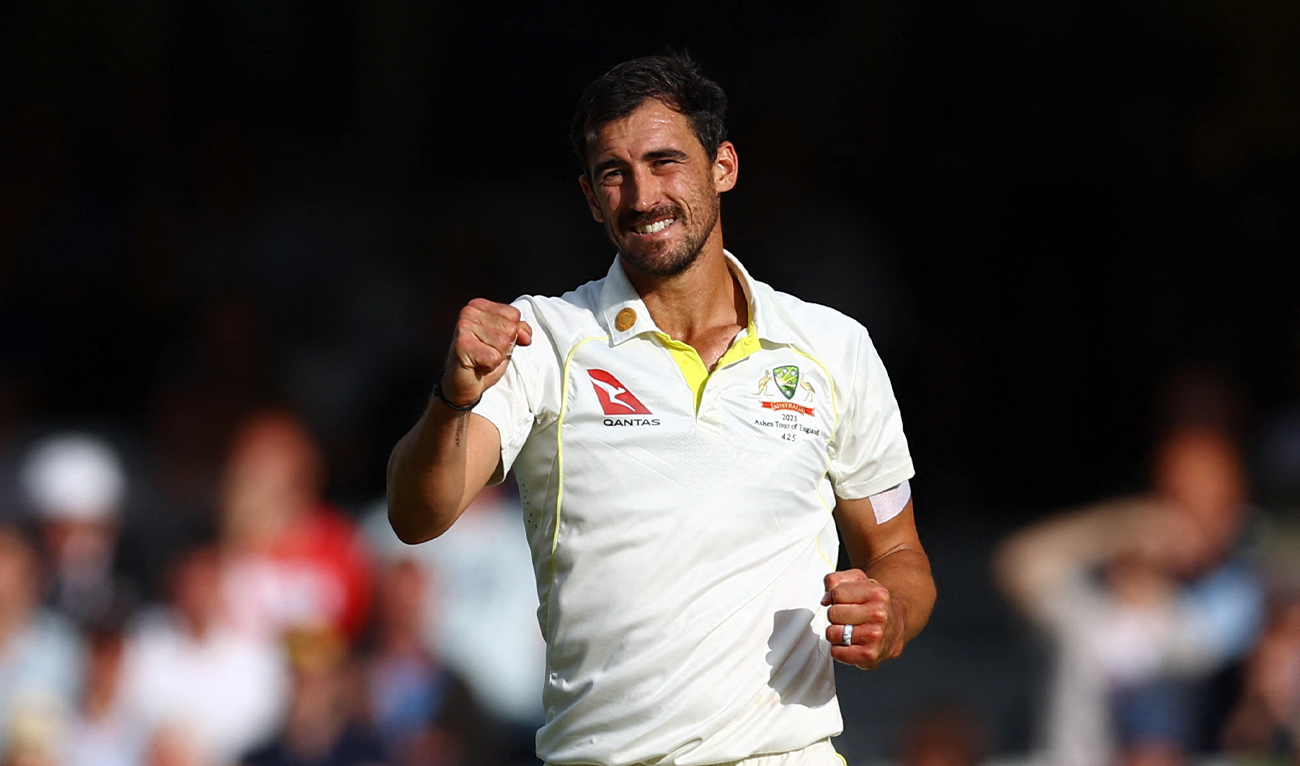 Australia’s Mitchell Starc celebrates after taking the wicket of England’s Moeen Ali on day three of the fifth test match at The Oval, London on July 29, 2023. (Reuters/File)
