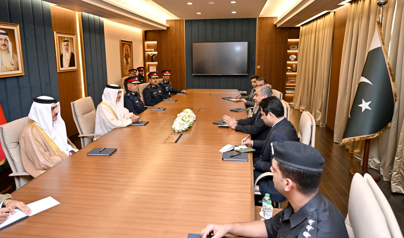 Pakistan Interior Minister Mohsin Naqvi speaks during a meeting with his Bahraini counterpart, General Shaikh Rashid bin Abdullah Al Khalifa, at the Ministry of Interior headquarters in Manama, Bahrain on July 10, 2025. (Photo courtesy: Handout/Bahrain Police Media Center)