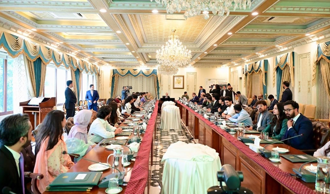 Pakistan Prime Minister Shehbaz Sharif speaks during a meeting with a delegation of overseas Pakistani students selected for URAAN Pakistan Summer Scholars Internship, in Islamabad on July 12, 2025. (Handout/PMO)