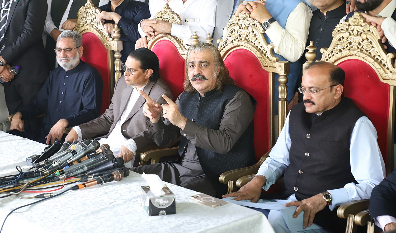 Chief Minister Khyber Pakhtunkhwa Ali Amin Gandapur (second from right) is addressing a press conference in Lahore, Pakistan, on July 13, 2025. (Ali Amin Gandapur)