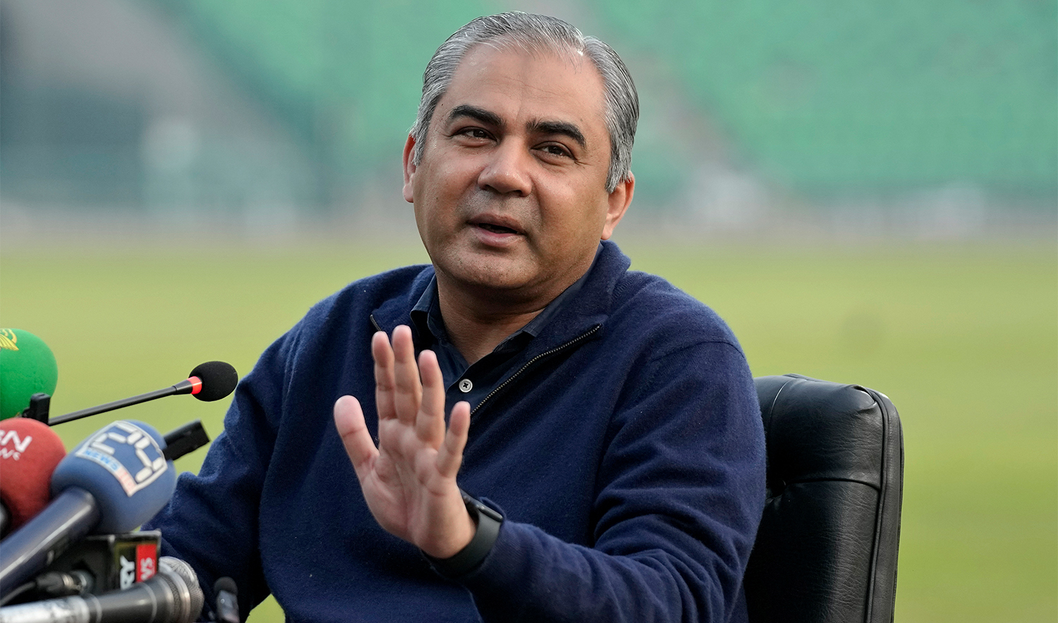Pakistan Cricket Board (PCB) Chairman Mohsin Naqvi addresses a presser at Gaddafi Stadium in Lahore on January 31, 2025. (AFP/File)