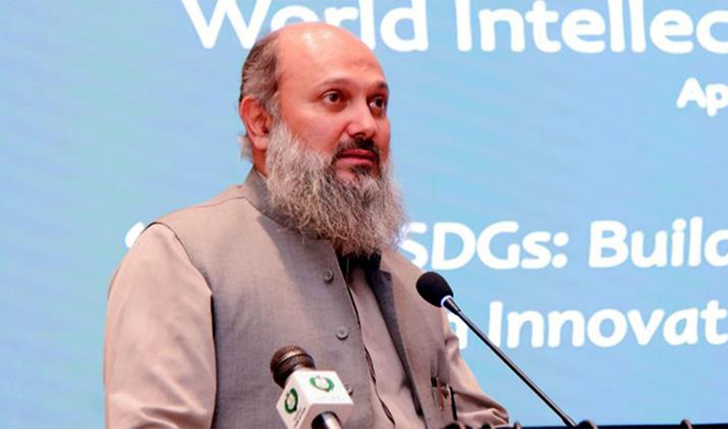 Pakistani Commerce Minister Jam Kamal Khan is addressing a ceremony in Islamabad, Pakistan, on May 6, 2024. (PID/File)