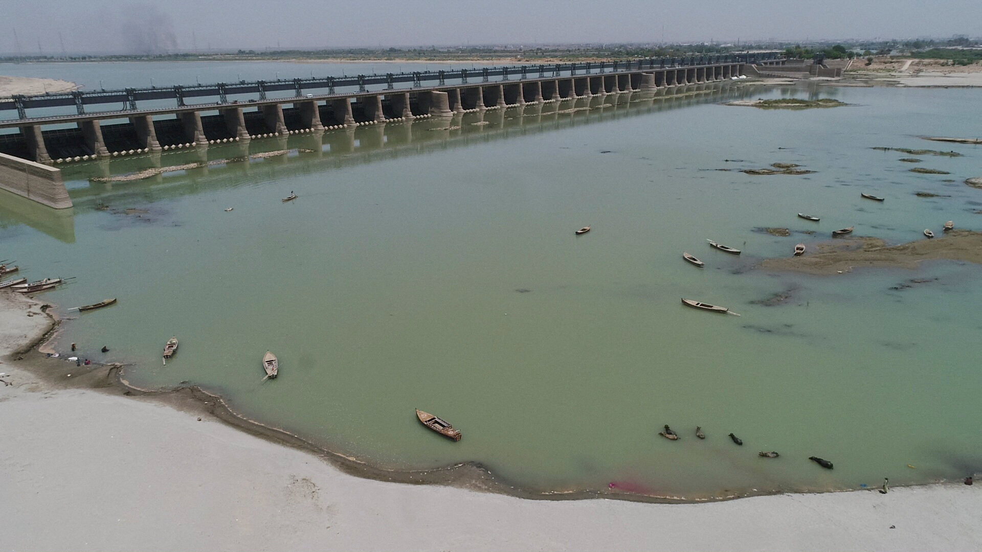 A drone view shows the Kotri Barrage on the Indus River in Jamshoro, Pakistan, on April 26, 2025. (REUTERS/File)