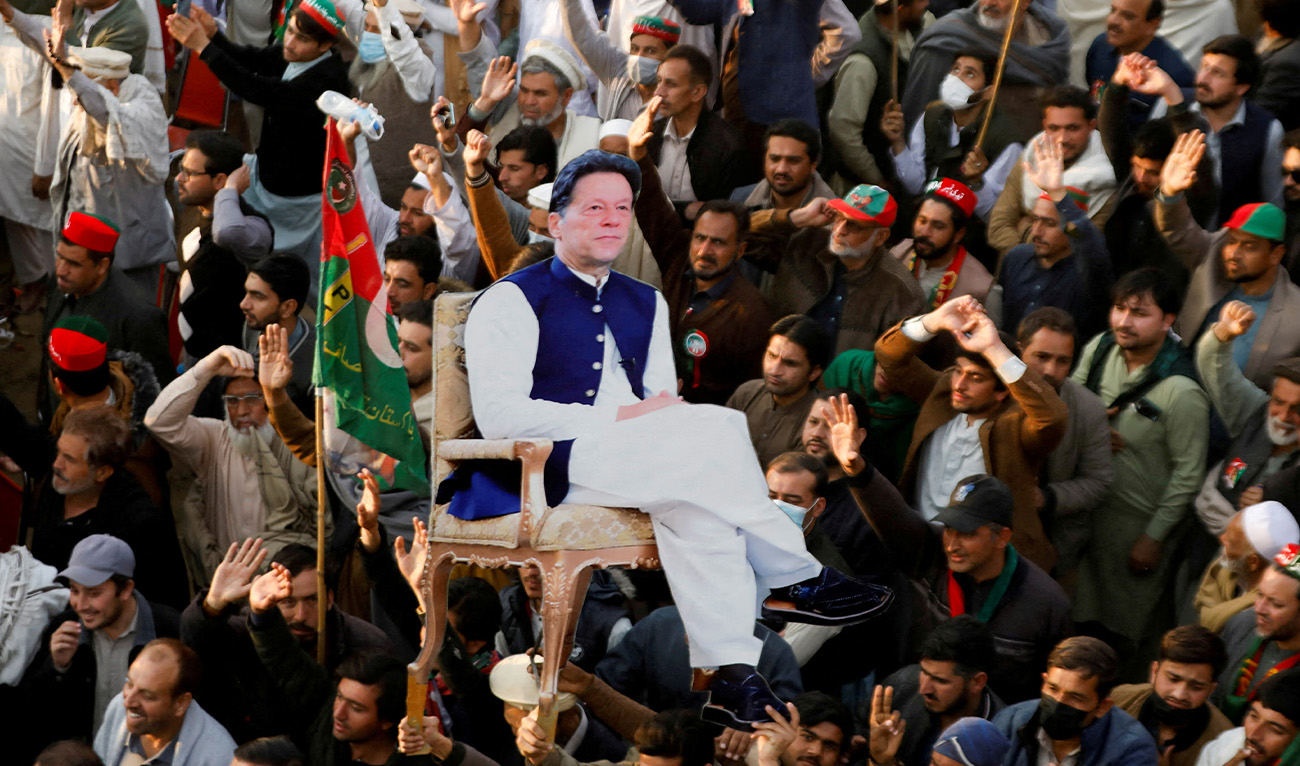 upporters of the former Pakistani Prime Minister Imran Khan's party, the Pakistan Tehreek-e-Insaf (PTI), carry a cutout of him, as they gather, to protest what they call a black day and a stolen mandate in last year's general election, during a rally in Swabi, Pakistan February 8, 2025. (Reuters/File)