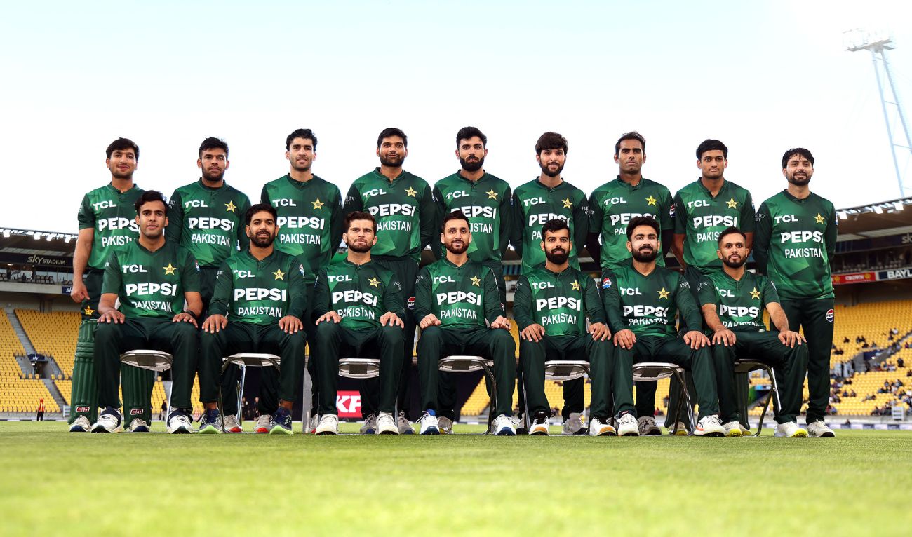 Pakistan players pose for a team photo during the 5th international T20 cricket match between New Zealand and Pakistan at Sky Stadium in Wellington on March 26, 2025. (AFP/ file)