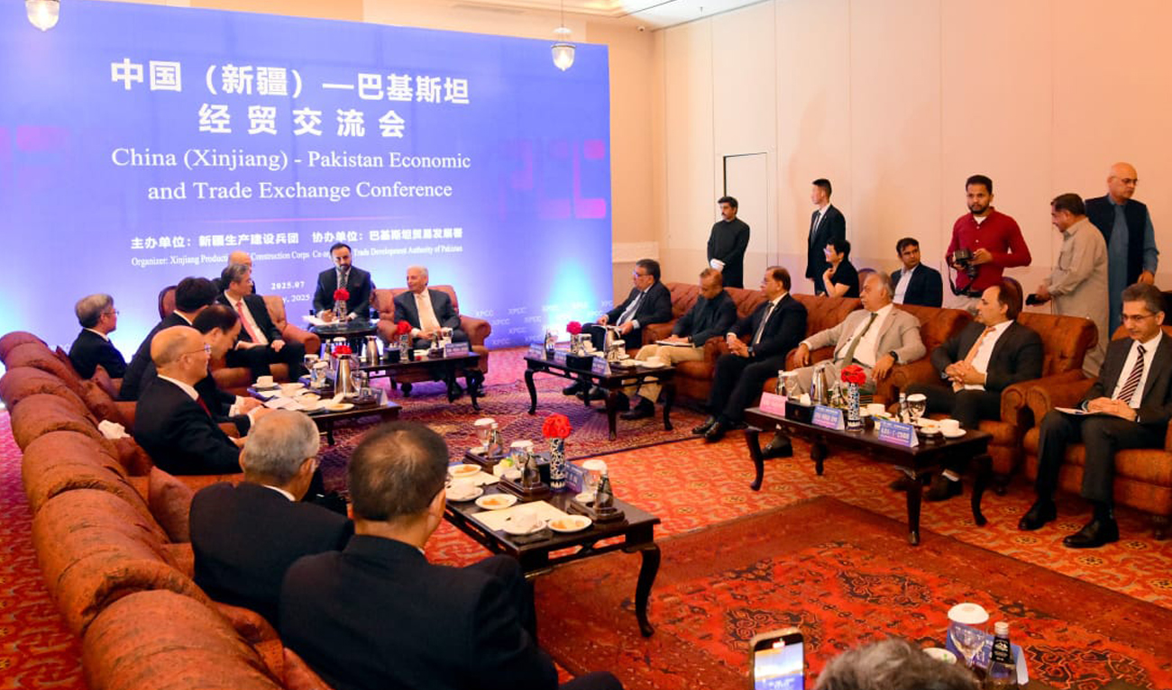Pakistan’s Minister for National Food Security and Research Rana Tanveer Hussain gestures during a high-level meeting with a senior Chinese delegation on the sidelines of the China-Pakistan Economic and Trade Exchange Conference in Islamabad on July 17, 2025. (Handout)