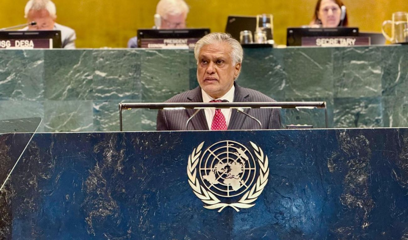 Pakistan’s Deputy Prime Minister Ishaq Dar speaks during his address at a debate of the High-Level Political Forum on Sustainable Development’s (HLPF) Ministerial Segment in New York on July 21, 2025. (@MIshaqDar50/ X)