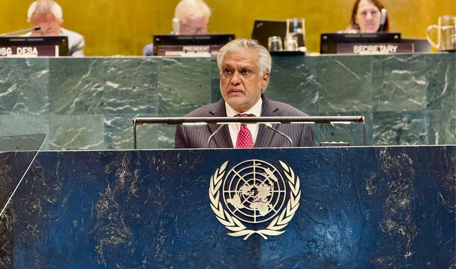 Pakistan’s Deputy Prime Minister and Foreign Minister Ishaq Dar is addressing a debate of the High-Level Political Forum on Sustainable Development's (HLPF) Ministerial Segment in New York on June 21, 2025. (Pakistan Foreign Office)