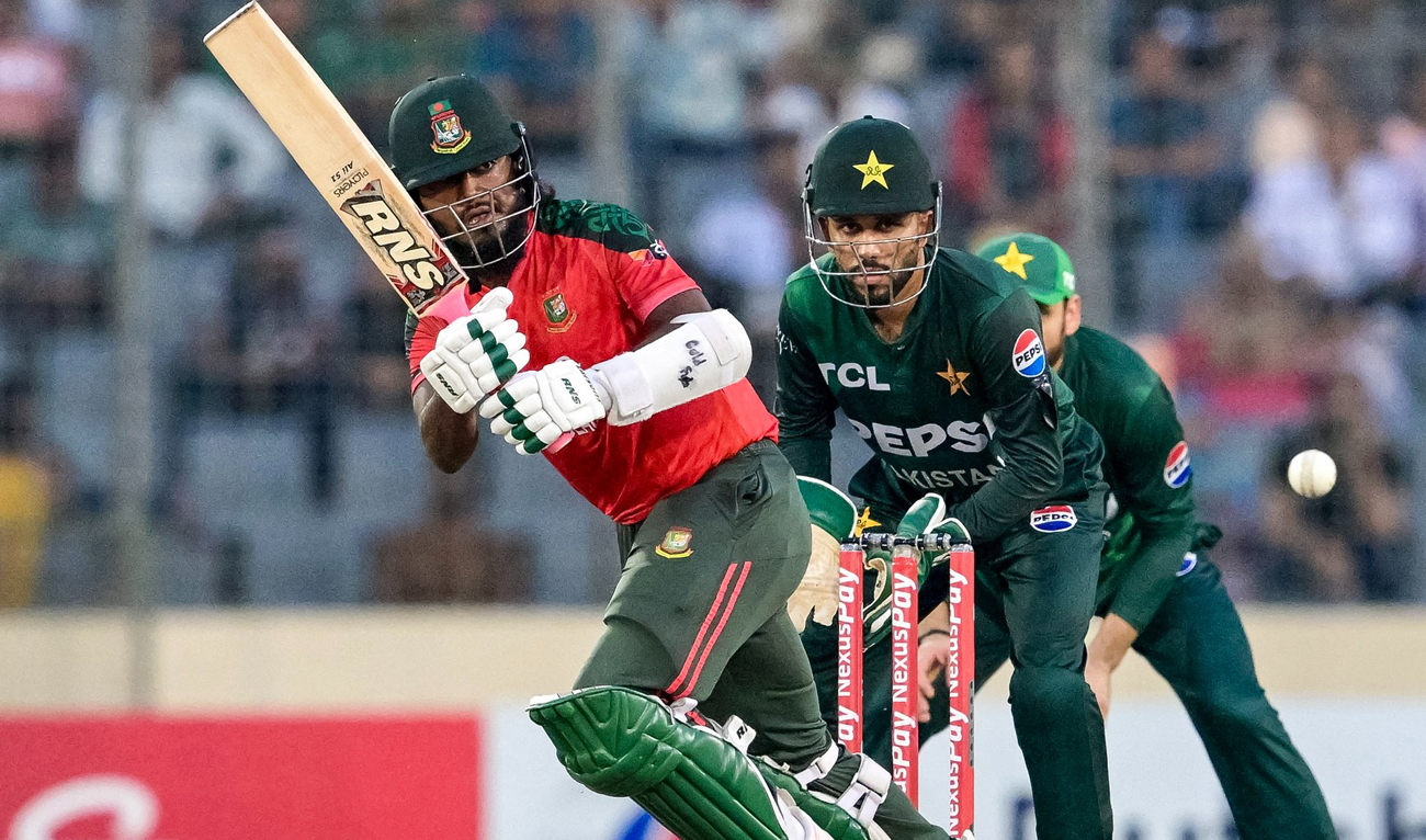 Pakistani and Bangladeshi players gesture during the second T20 cricket match in Dhaka on July 22, 2025. (Handout/PCB)