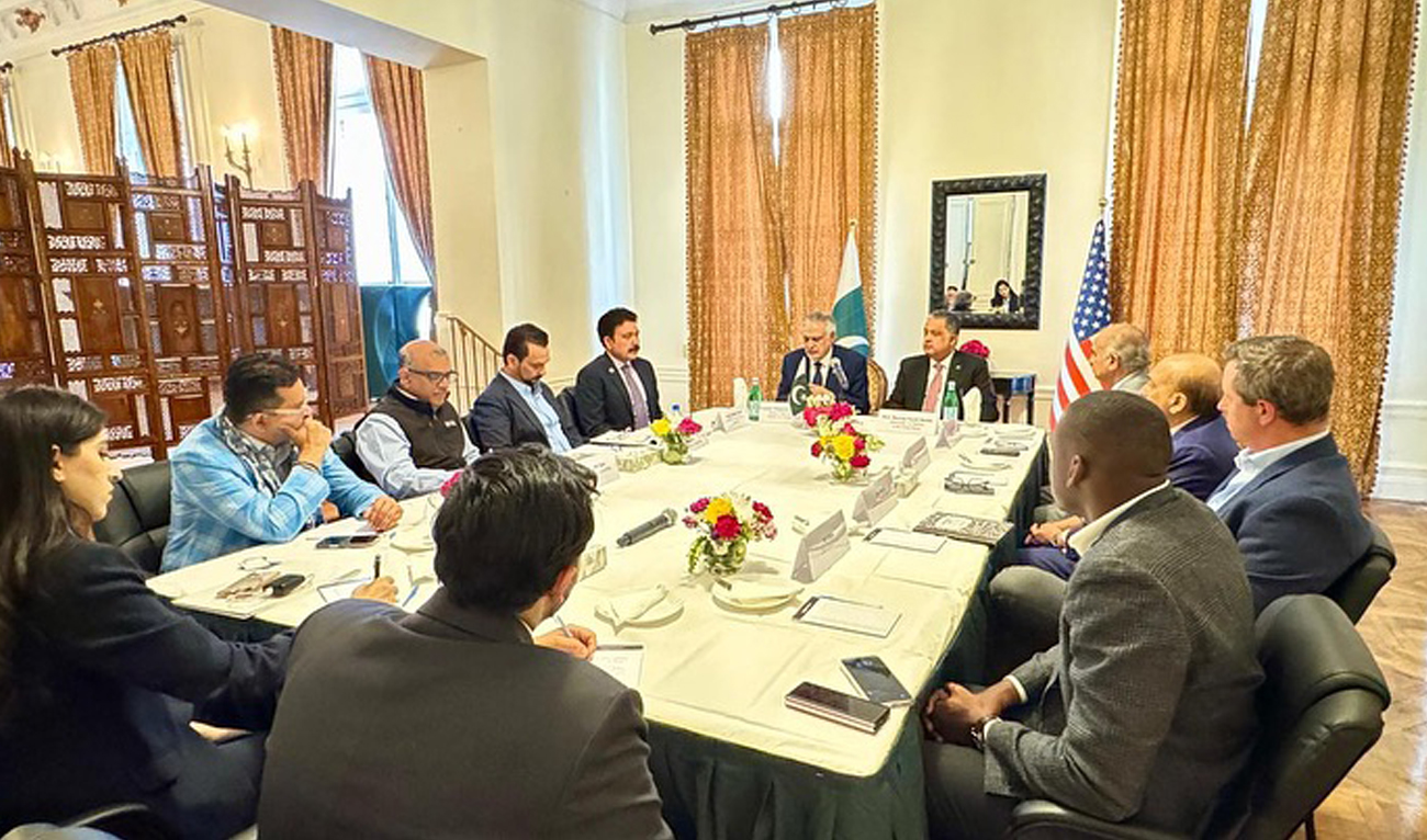 Pakistan Deputy Prime Minister and Foreign Minister Ishaq Dar speaks during a meeting with a group of businessmen and investors in New York on July 23, 2025. (Handout/MOFA)