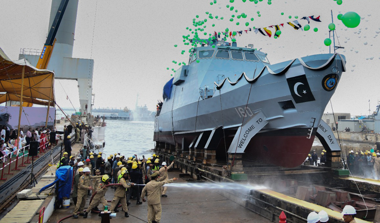 This handout photo released by Pakistan Navy’s Director General Public Relations shows launching ceremony of Pakistan Navy Ship Sahiwal Gun Boat at Karachi Shipyard in Karachi on July 24, 2025. (Handout/Pakistan Navy)