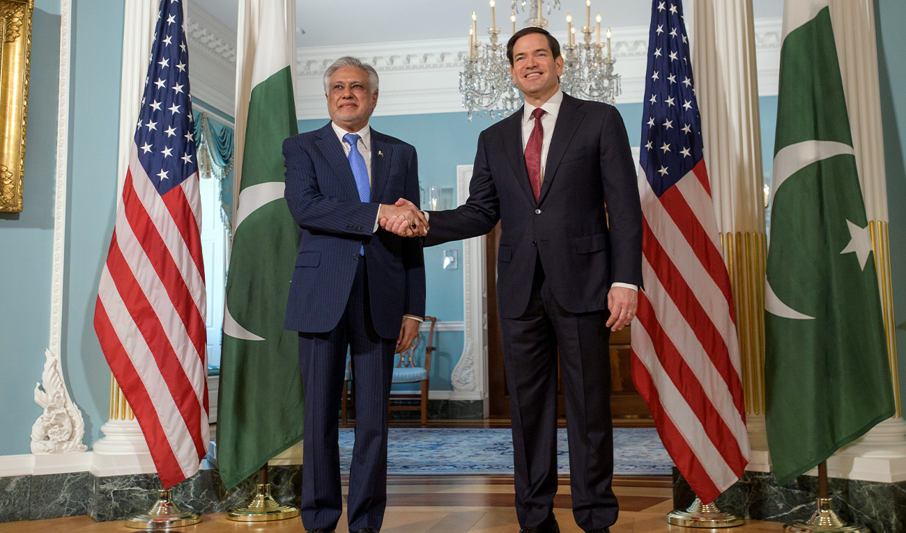 US Secretary of State Marco Rubio shakes the hand of Pakistani Deputy Prime Minister and Foreign Minister Ishaq Dar (left) at the State Department, in Washington, on July 25, 2025. (AP)