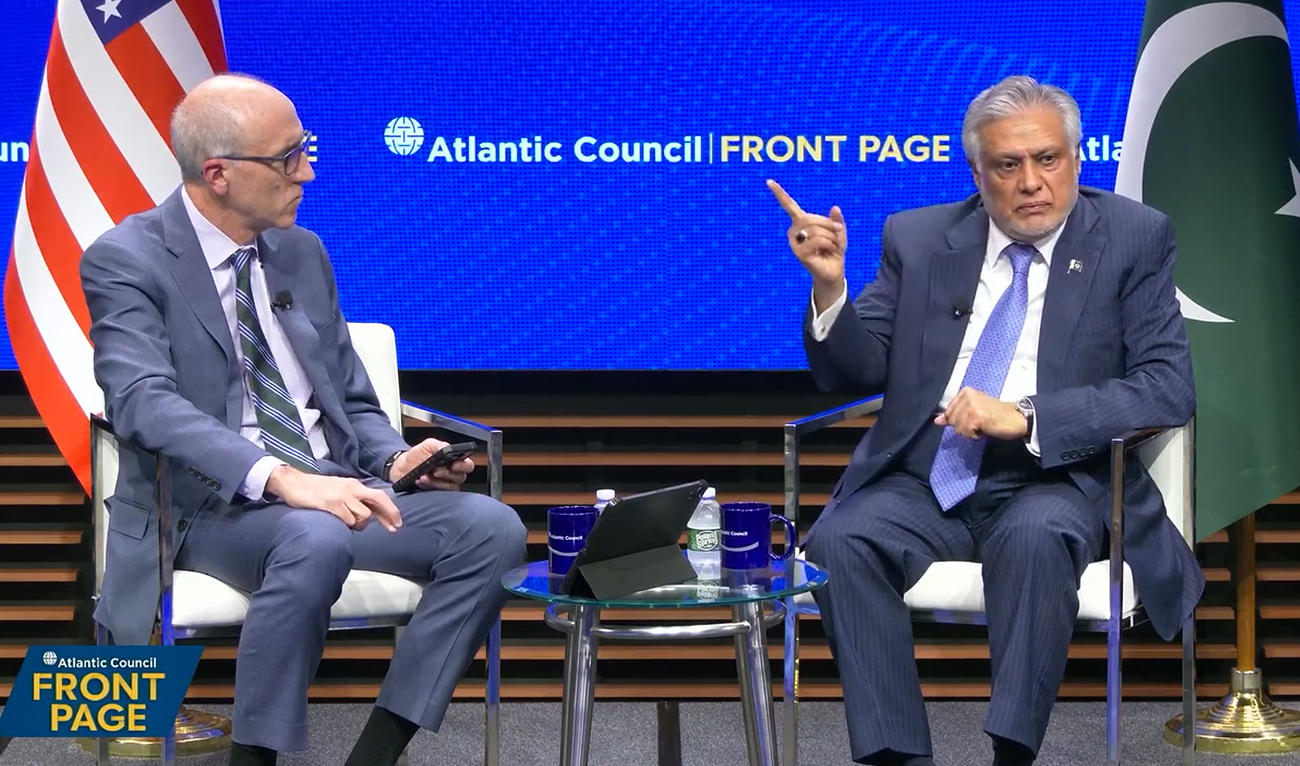 Pakistan Deputy Prime Minister and Foreign Minister Ishaq Dar speaks during a discussion at the Atlantic Council think tank in Washington on July 26, 2025. (Screengrab/Atlantic Council)