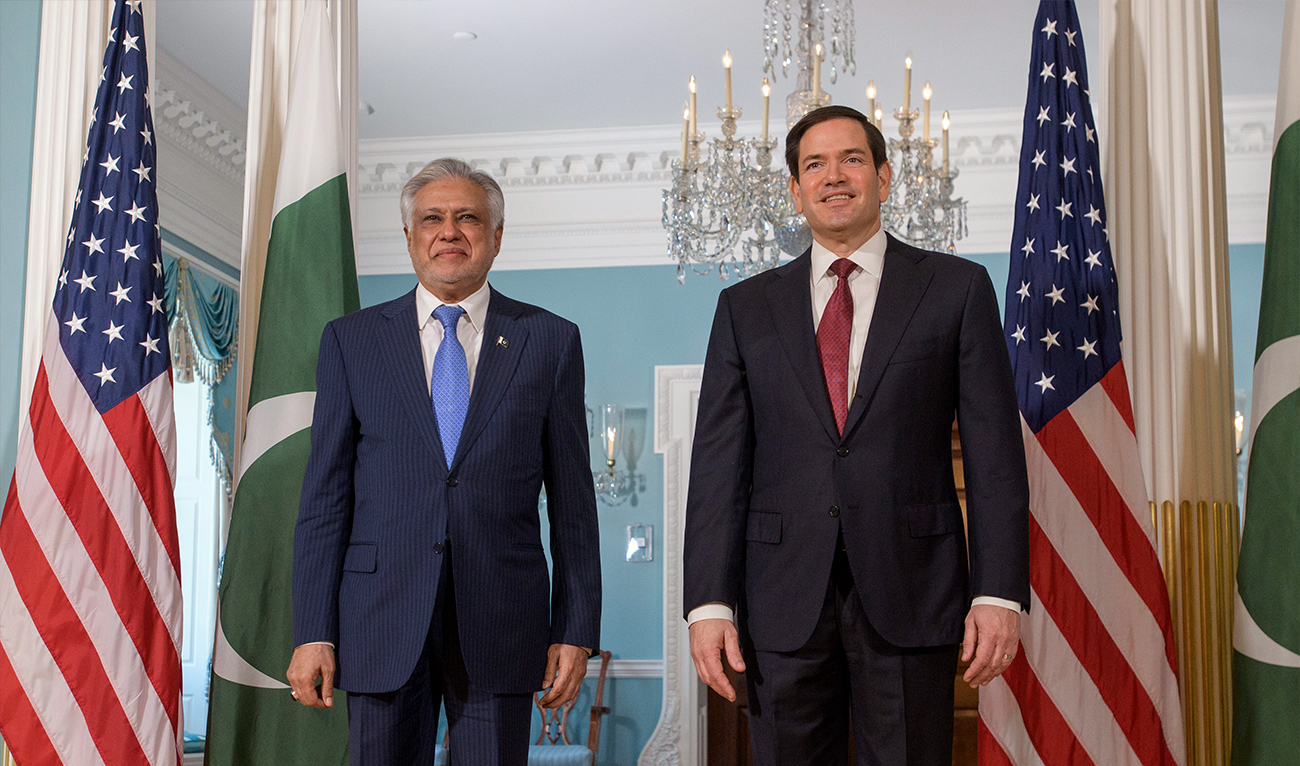 Secretary of State Marco Rubio and Pakistani Deputy Prime Minister and Foreign Minister Ishaq Dar (left) pose during a photo opportunity at the State Department in Washington on July 25, 2025. (AP/File)