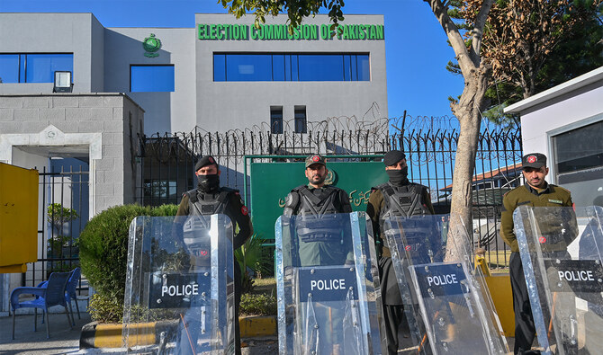 Pakistan Frontier Constabulary (FC) personnel stand guard in front the Election Commission office in Islamabad on February 9, 2024. (AFP/File)