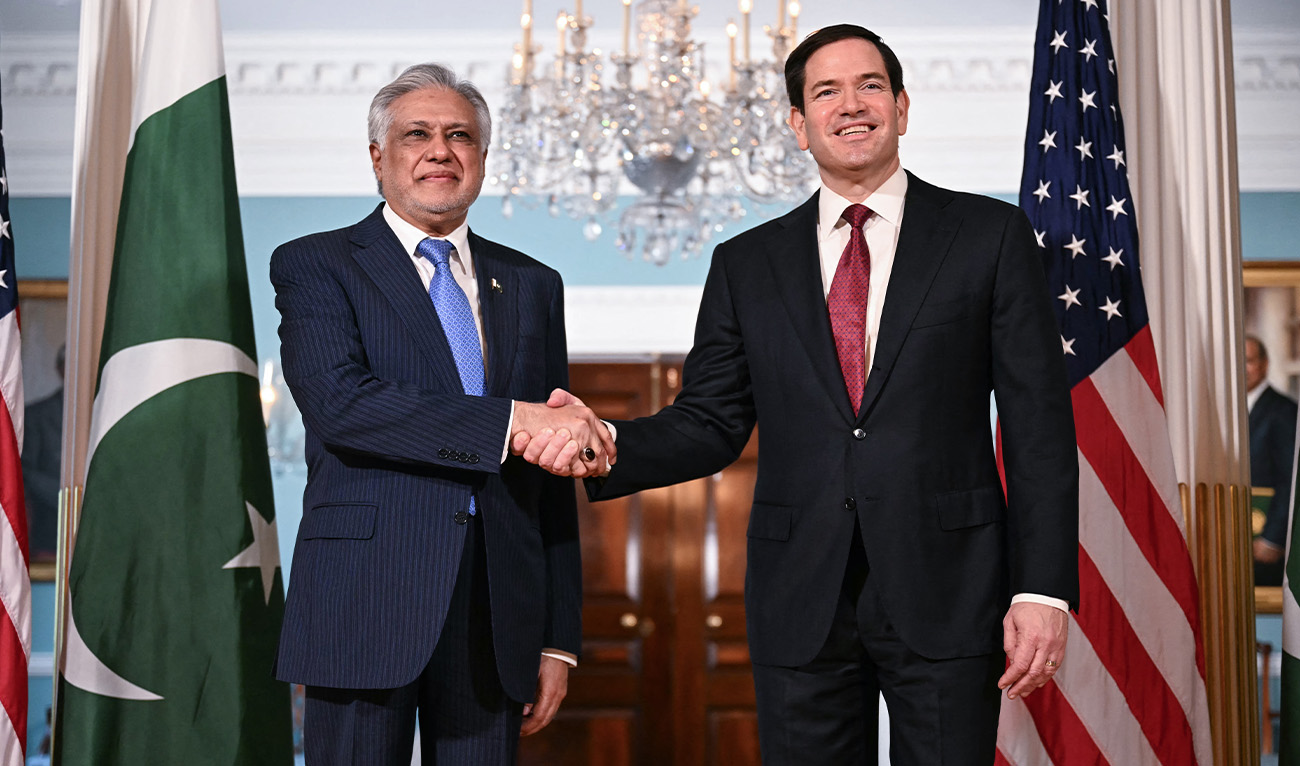 US Secretary of State Marco Rubio shakes hands with Pakistani Deputy Prime Minister and Foreign Minister Ishaq Dar (L) as they meet at the State Department in Washington, DC, on July 25, 2025. (AFP/File)