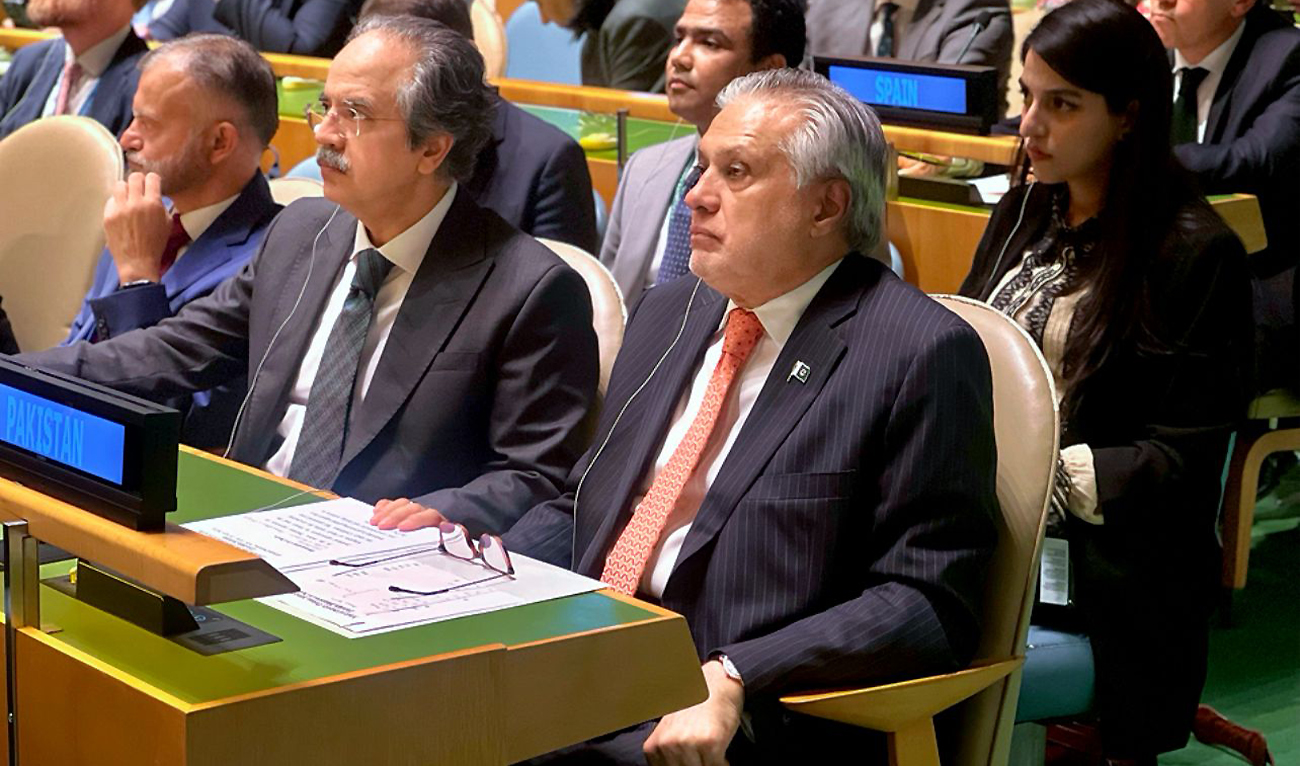 Pakistan Deputy Prime Minister and Foreign Minister Ishaq Dar (left) attend a UN summit on Palestine in New York, US, on July 28, 2025. (Pakistan's Foreign Office)