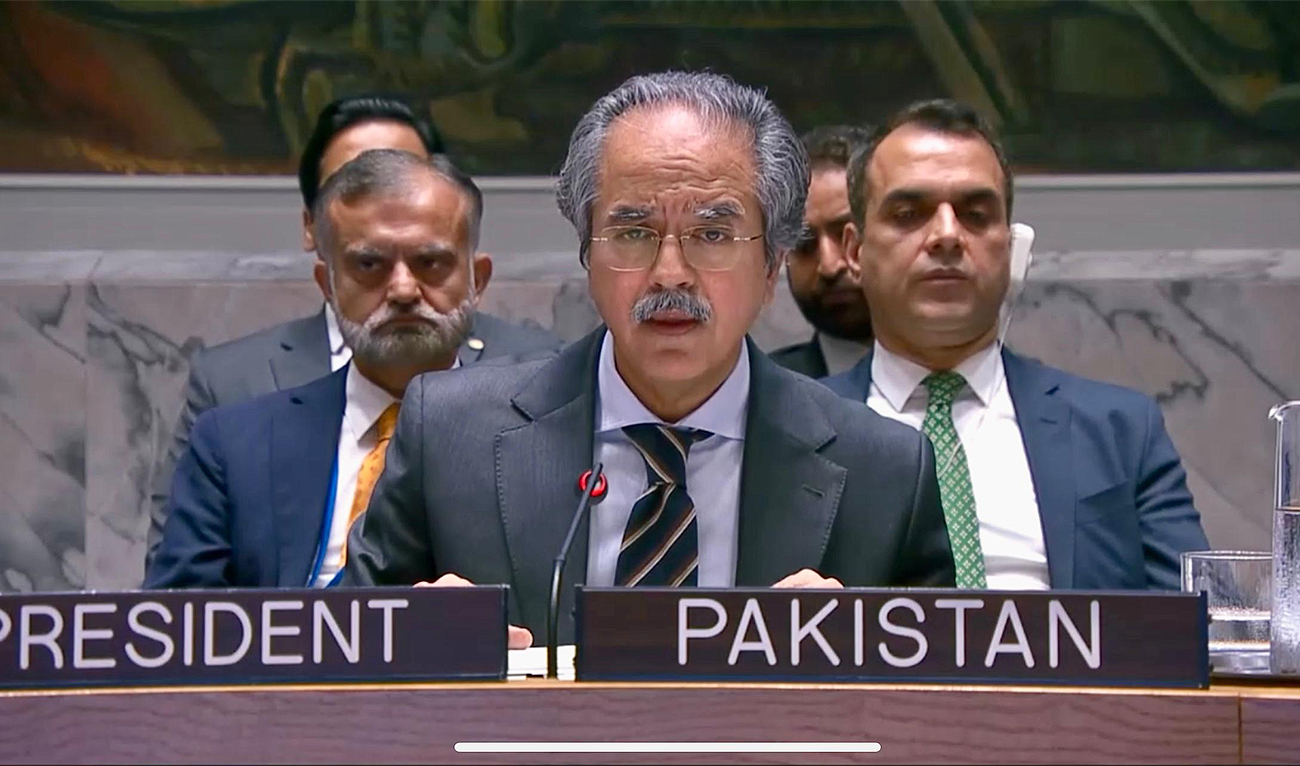 Pakistan’s Ambassador to the UN Asim Iftikhar Ahmad addresses a session in UN in New York, US, o July 29, 2025. (@PakistanUN_NY/X)