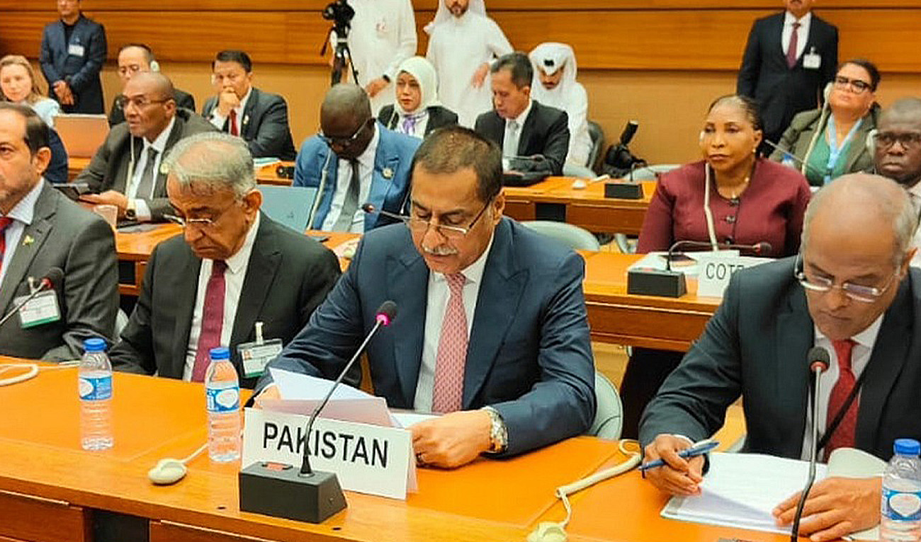 Speaker of Pakistan's National Assembly, Ayaz Sadiq (second right-front row), is addressing Sixth World Conference of Speakers of Parliament in Geneva, Switzerland on July 29, 2025. (@NAofPakistan/X)