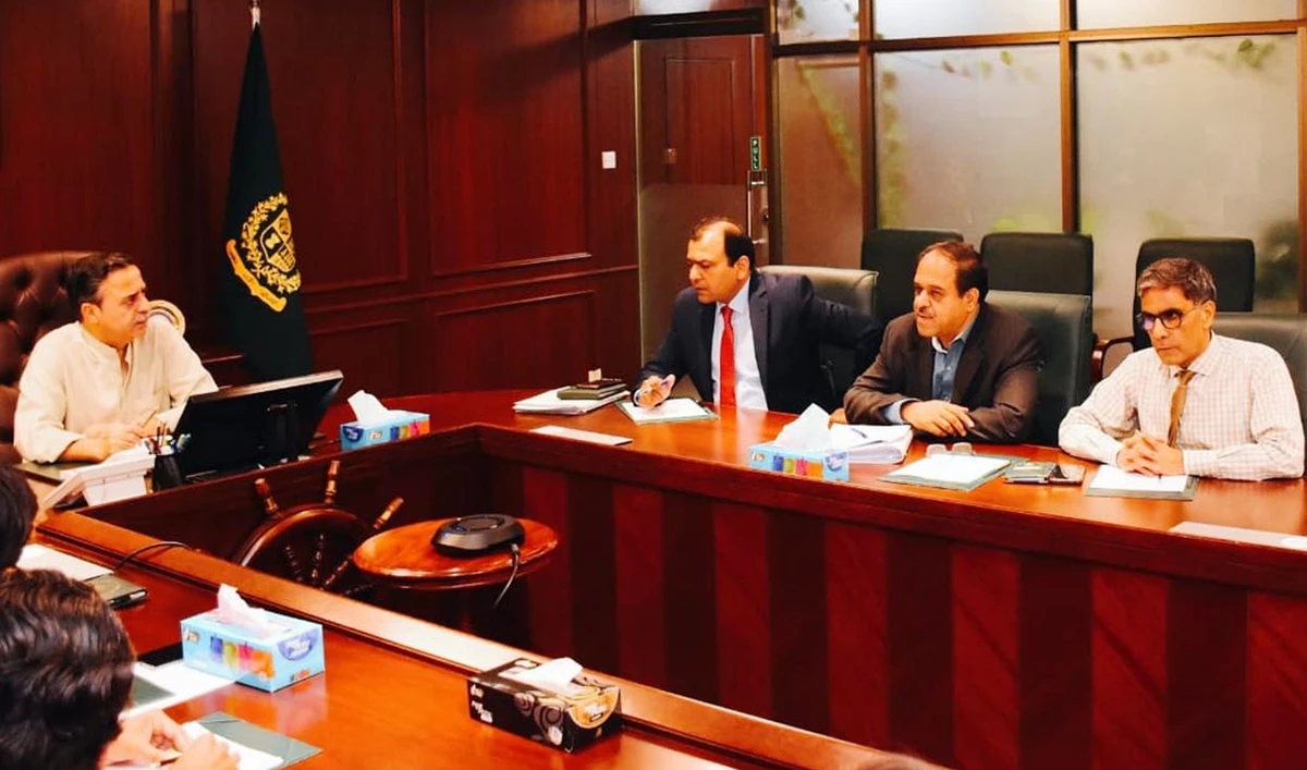 Federal Minister for Maritime Affairs Junaid Anwar Chaudhry (left), chairs a meeting on the expansion of Gawadar Port’s operational capacity, in Islamabad on Junly 1, 2025. (PID)