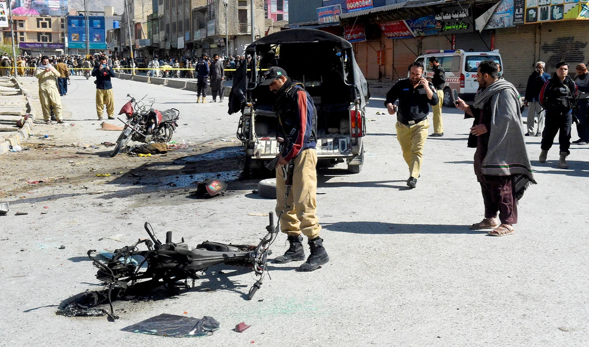 Security personnel inspect the site after militants detonated an explosive-laden motorbike along a road in Quetta on March 27, 2025. (AFP/File)