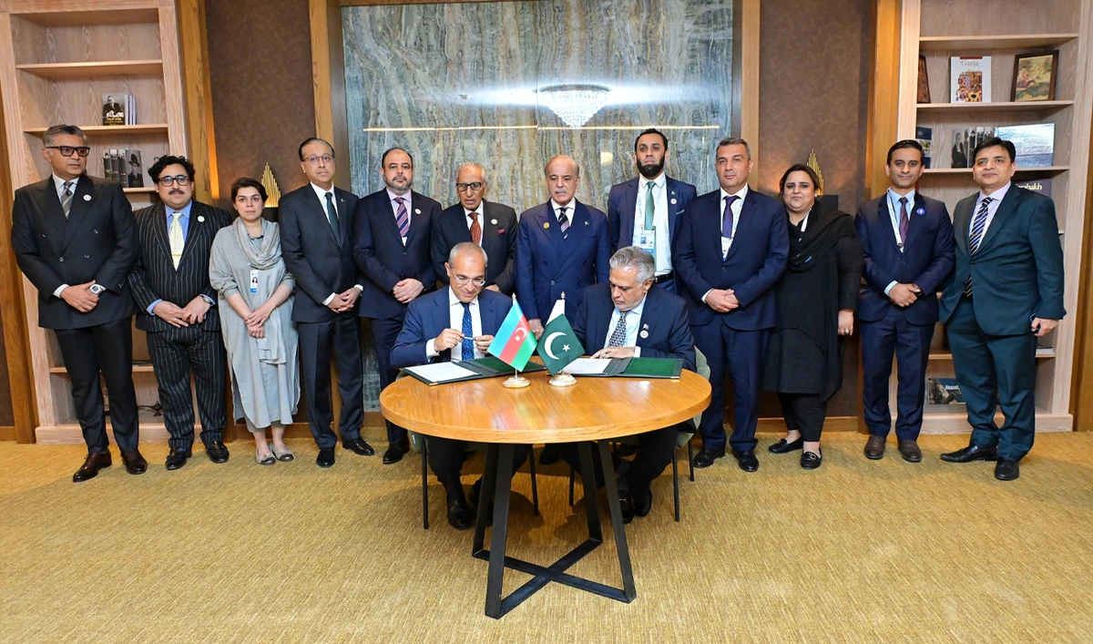Pakistan’s Deputy Prime Minister and Foreign Minister Muhammad Ishaq Dar (right sitting) and Azerbaijan’s Minister of Economy Mikayil Jabbarov (left sitting), sign agreements for $2 billion of investment from Azerbaijan in Pakistan’s economic sector, in Shusha, Azerbaijan, on July 4, 2025. (Pakistan PMO)